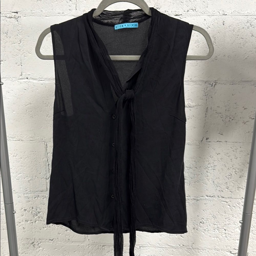 Alice + Olivia Black Sleeveless Tie Front Blouse - - Button Down
